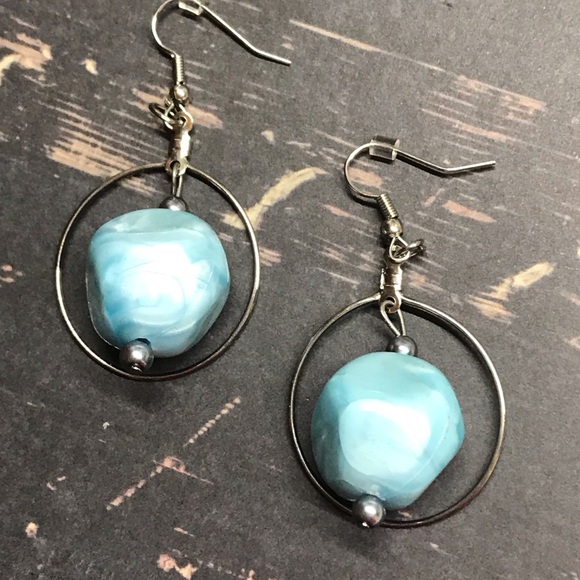 Blue bead hoops dangle earrings MunandMe handmade - Picture 3 of 5